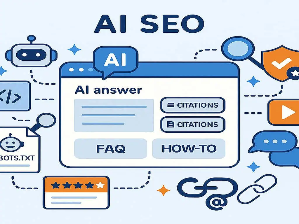 Illustratie van een ai seo concept, met een webpagina met AI-antwoord met citeerknoppen, FAQ en HOW-TO. Omringende pictogrammen zijn onder andere een robot, code, vergrootglas, schild en verschillende SEO-gerelateerde symbolen.