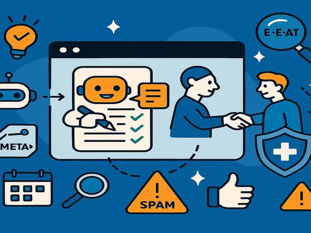 Illustratie van een chatbot en een mens die elkaar de hand schudden op een scherm, omringd door pictogrammen zoals een schild, vergrootglas, ai content seo tag, waarschuwingstekens voor spam en E-E-A-T die digitaal vertrouwen en online veiligheid benadrukken.