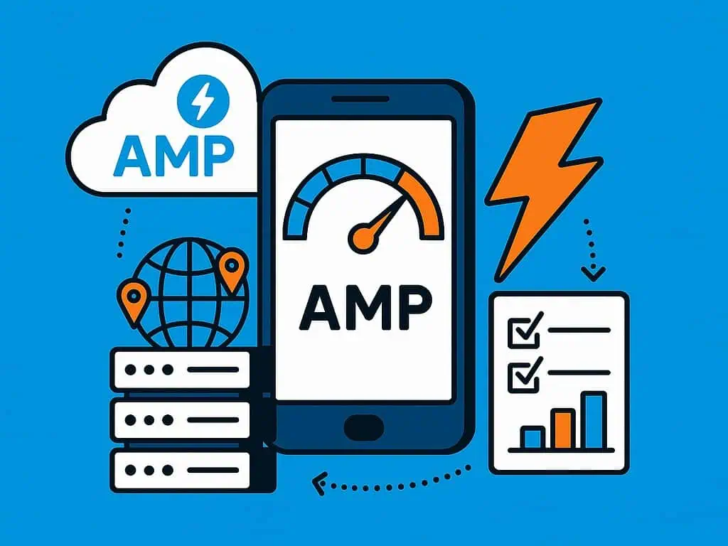 Illustratie van een smartphone die Accelerated Mobile Pages (AMP) weergeeft met een snelheidsmeter, omringd door pictogrammen van een wolk, serverstacks, een wereldbol met spelden en meer - die snelle webprestaties symboliseren.