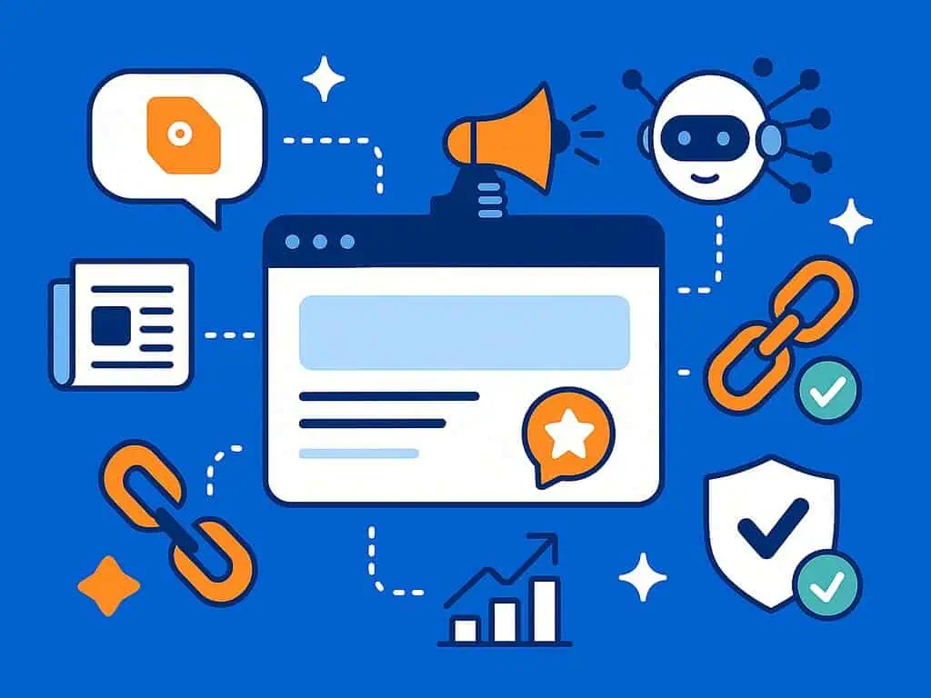 Illustratie van een webpagina omringd door pictogrammen zoals kettingen, vinkjes, een robot en een megafoon, met aandacht voor digitale marketing en Brand Mentions SEO-concepten zoals reputatiemanagement, analytics en zoekmachineoptimalisatie.