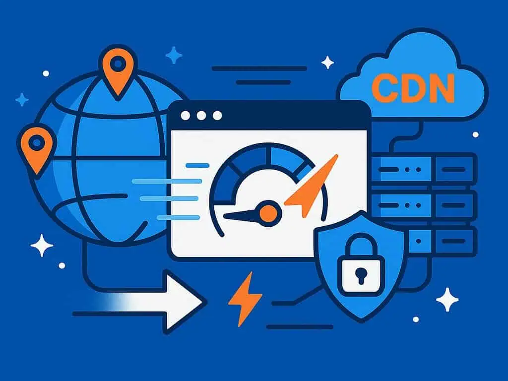 Illustratie van een snelheidsmeter van een webbrowser, een wereldbol met locatiepinnen, een wolk met het label "CDN", computerservers, een pijl en een beveiligingsschild, die een snel en veilig content delivery networking symboliseren.