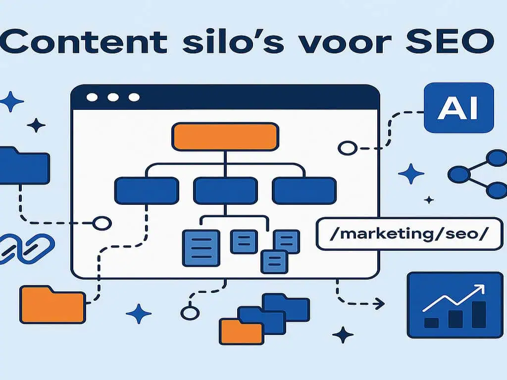 Illustratie van een websiteflowchart met mappen, AI-pictogram, SEO URL, Core Web Vitals-element en grafiek, die contentsilo's voor SEO voorstellen. De Nederlandse tekst luidt: Content silo's voor SEO.