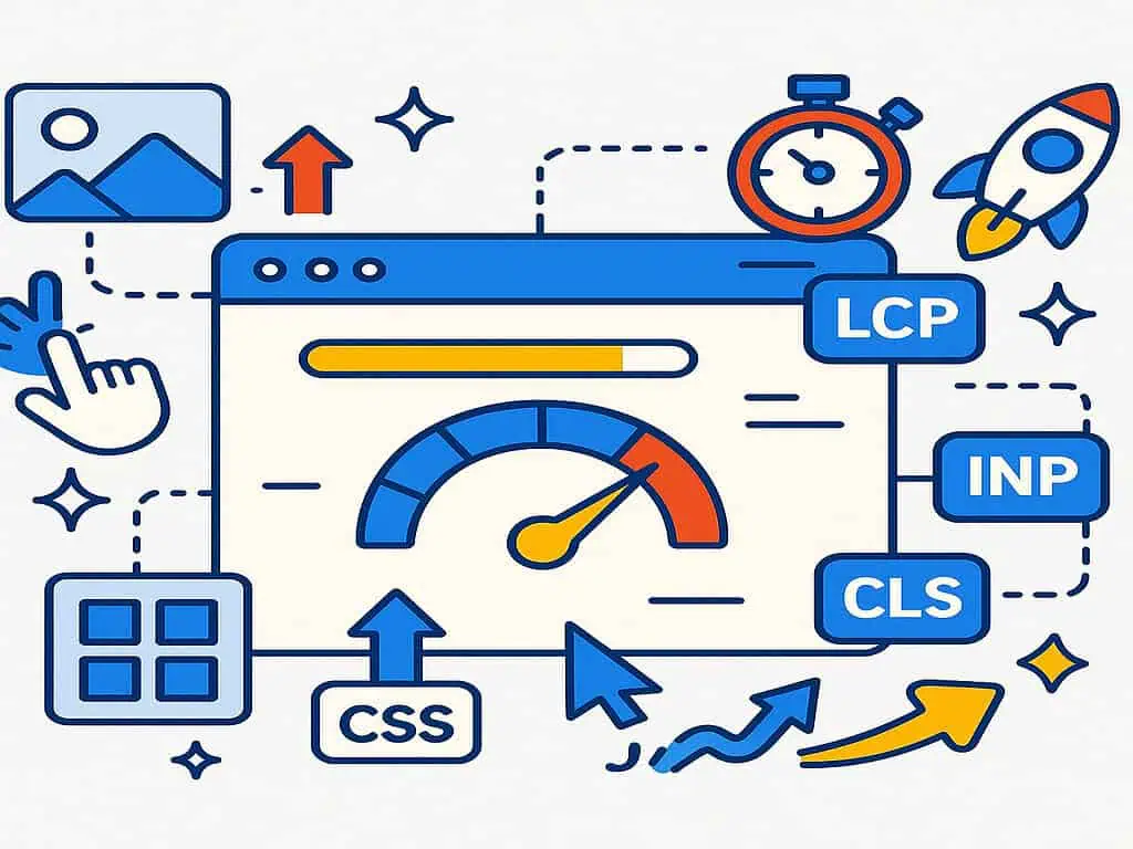 Illustratie van een webbrowservenster met een snelheidsmeter, pictogrammen voor afbeeldingen, CSS, raket, pijlen, stopwatch en gelabelde meetgegevens LCP, CLS en INP- die Core Web Vitals en belangrijke concepten voor optimalisatie van websiteprestaties visualiseren.