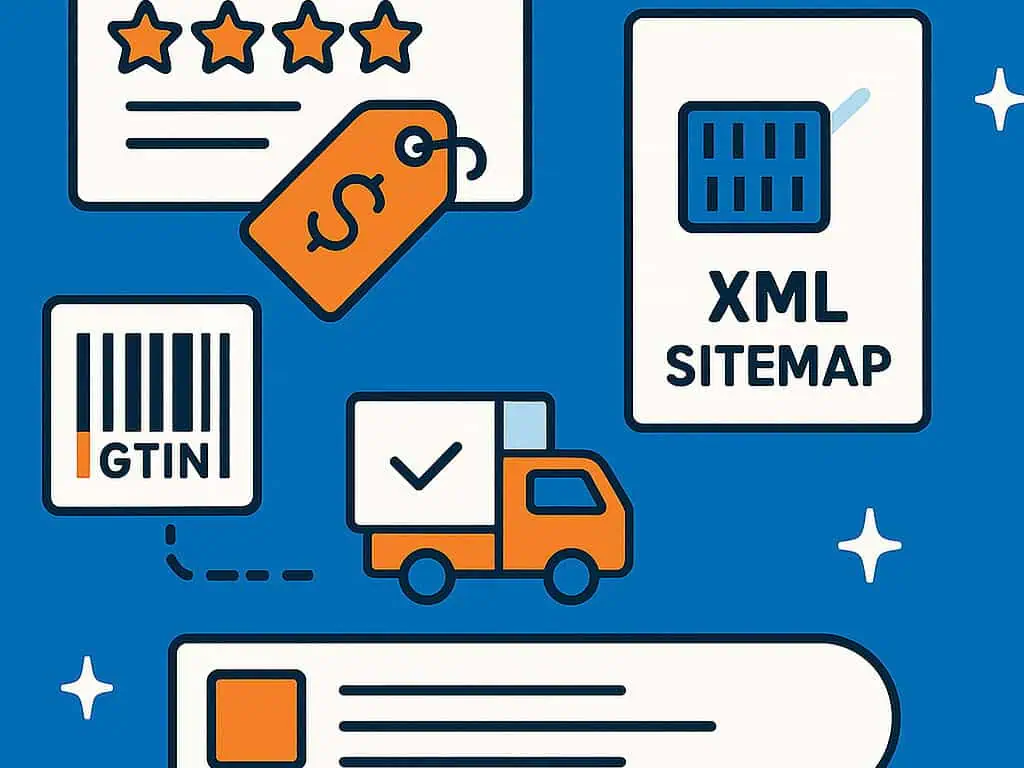Illustratie met een sterrenclassificatie, een prijskaartje, een streepjescode met het label GTIN, een vrachtwagen met een vinkje en een document met het label XML Sitemap op een blauwe achtergrond met witte sterren.