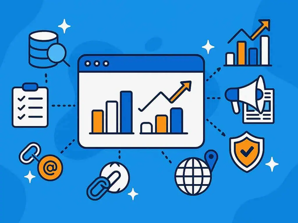 Illustratie van een webbrowservenster met staaf- en lijngrafieken, omringd door pictogrammen voor gegevens, checklist, links en megafoon voor digitale marketing, analytische concepten en datagedreven PR-strategieën.