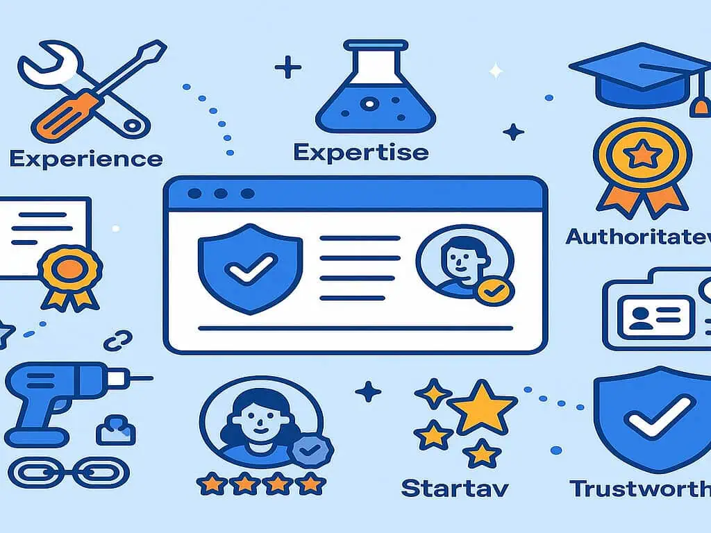 Illustratie met vertrouwenssymbolen - schild, sterren, badges, afstudeercap, certificaat, tools en gebruikersprofielen - die staan voor E-E-A-T: ervaring, expertise, autoriteit en betrouwbaarheid in een digitale context.