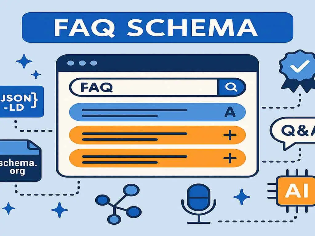 Illustratie van een zoekinterface met het label FAQ Schema, met pictogrammen voor JSON-LD, Vraag & Antwoord, bestanden, microfoon, AI, netwerk en badge - waarmee de rol van FAQ Schema in webontwikkeling en SEO wordt benadrukt.