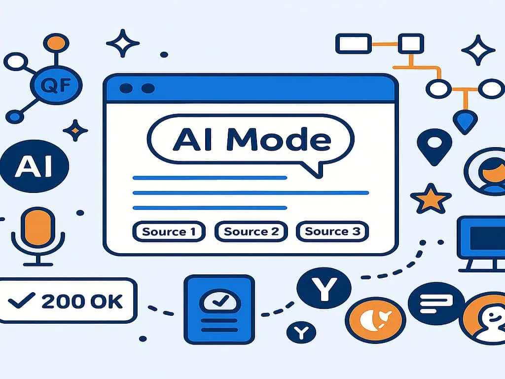 Illustratie van een AI-thema met een centraal browservenster met het label AI Mode, met knoppen voor bronnen en omringd door pictogrammen zoals een microfoon, vinkje, sterren, chatbellen en een stroomschema in blauwe en oranje tinten.