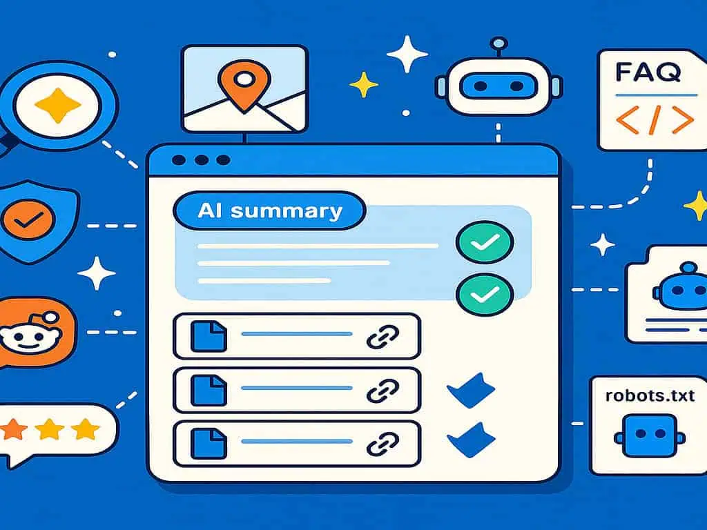 Een kleurrijke illustratie van een overzichtsinterface van AI Overviews, omringd door pictogrammen van een chatbot, e-mail, FAQ, Reddit, beoordelingssterren, een schild, een vergrootglas, een robot en een robots.txt-bestand - allemaal verbonden door stippellijnen.