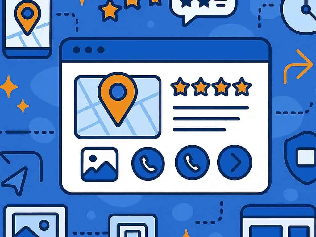 Illustratie van een webinterface met een kaart met een locatiepin, vijfsterrenbeoordeling, tekstregels en pictogrammen voor afbeeldingen, telefoon en navigatie - die lijken op een Google Bedrijfsprofiel - tegen een blauwe achtergrond met technische en communicatiesymbolen.