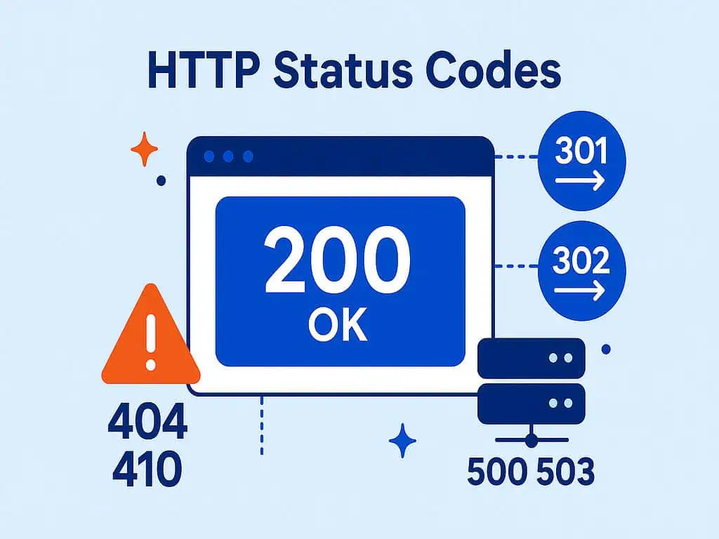 Een illustratie met HTTP-statuscodes, waaronder 200 OK op een browservenster, 301- en 302-pijlen, een waarschuwingsteken met 404 en 410 en serverpictogrammen met 500 en 503, alles tegen een lichtblauwe achtergrond.