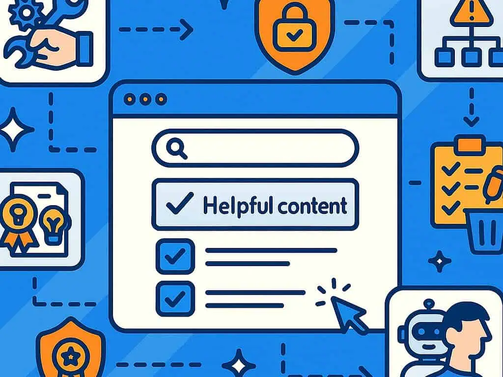 Illustratie van een browservenster met "Nuttige inhoud" geselecteerd, omringd door pictogrammen van beveiliging, certificaten, een controlelijst en een robot die het belang van betrouwbare en kwalitatieve Nuttige inhoud online benadrukken.