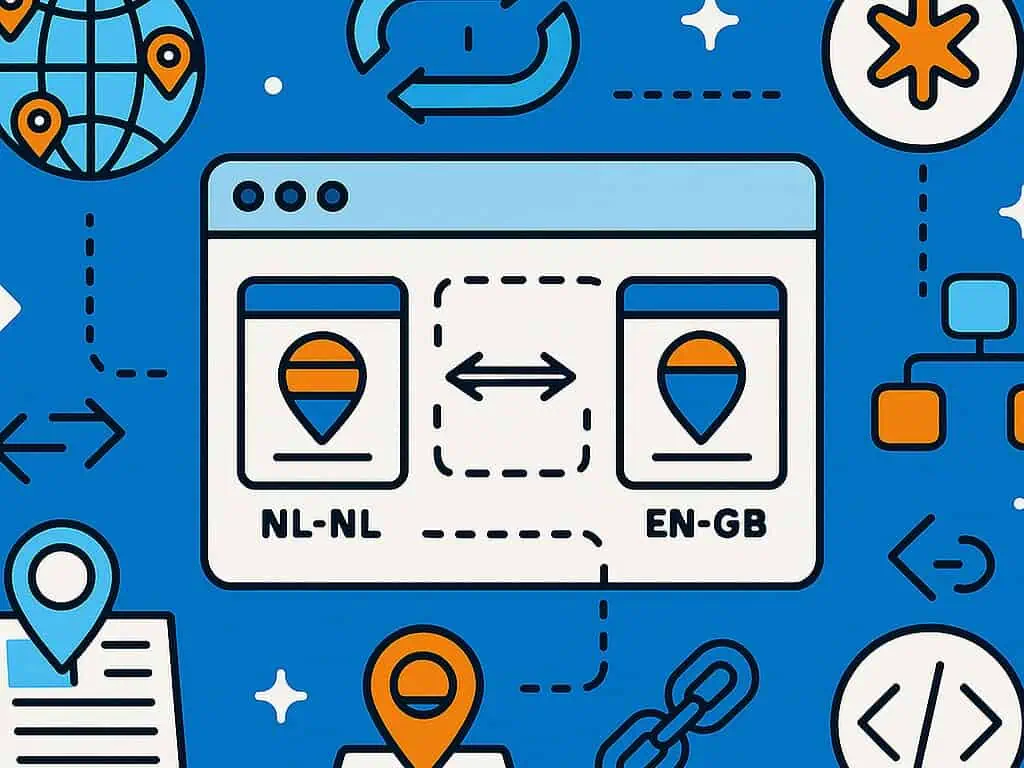 Illustratie van een computervenster met twee locatiemarkeringen NL-NL en EN-GB met een dubbele pijl ertussen, omringd door pictogrammen zoals een wereldbol, stroomdiagrammen, Hreflang Tags en links op een blauwe achtergrond.