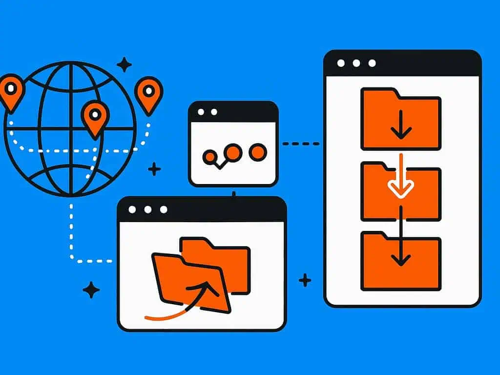 Illustratie van webbrowservensters met mappen, downloadpijlen en gegevensstroom, verbonden met een wereldbol met locatiepinnen - symbool voor het wereldwijd delen van gegevens, bestandsbeheer en het belang van interne links SEO op een blauwe achtergrond.