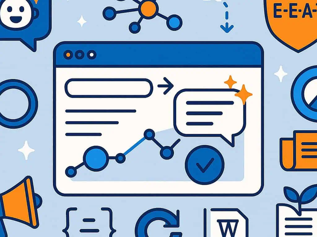 Illustratie van een webbrowservenster met chatbellen, een lijngrafiek en pictogrammen zoals een megafoon en documenten, die communicatie en analyse symboliseren. De achtergrond is lichtblauw - perfect om te laten zien dat seo dood expertise is.