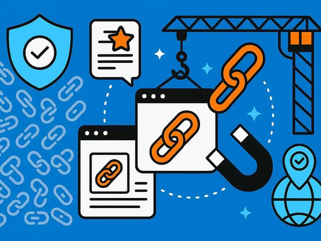 Illustratie van webbrowservensters met schakelpictogrammen, een kraan, magneet, schild met vinkje, chatbel en een wereldbol, die linkbuilding of SEO-concepten voorstellen op een blauwe achtergrond.