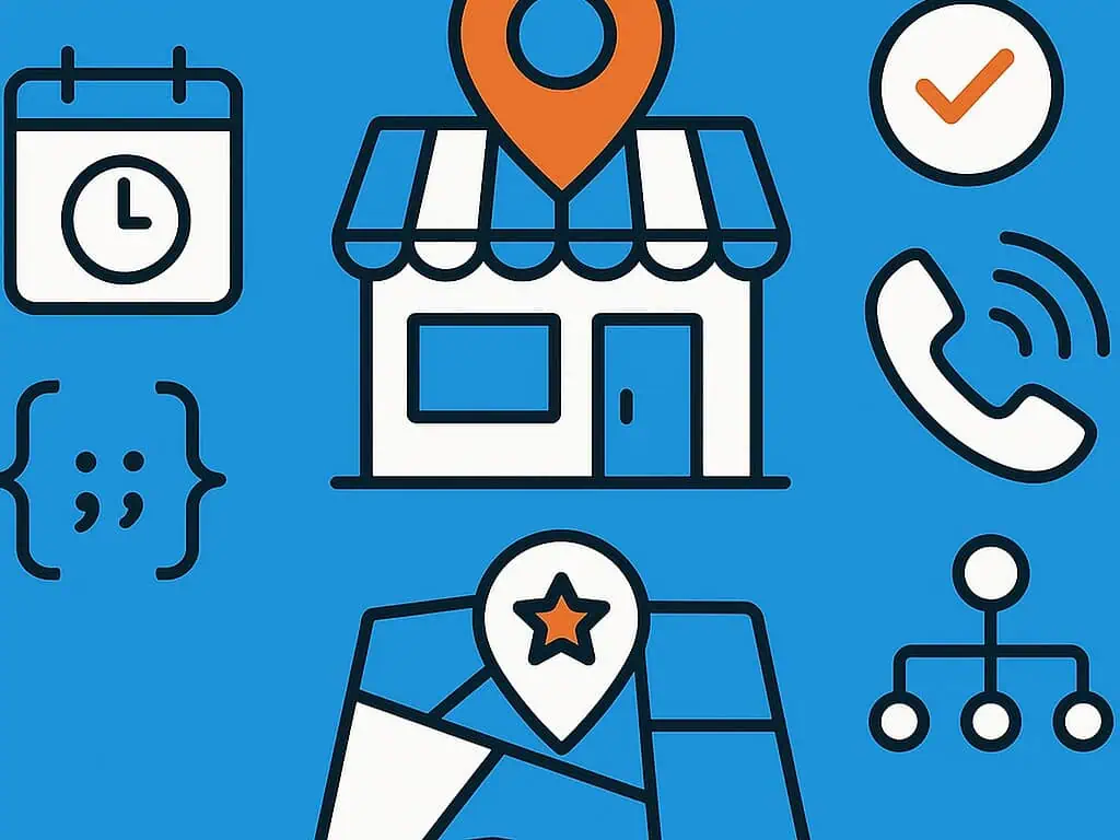 Illustratie van een winkelpui met een locatiepin, kalender, telefoonhoorn, vinkje, kaart met pin en flowchart-symbolen op een blauwe achtergrond, die concepten zoals LocalBusiness Schema voor betere lokale zichtbaarheid weergeven.