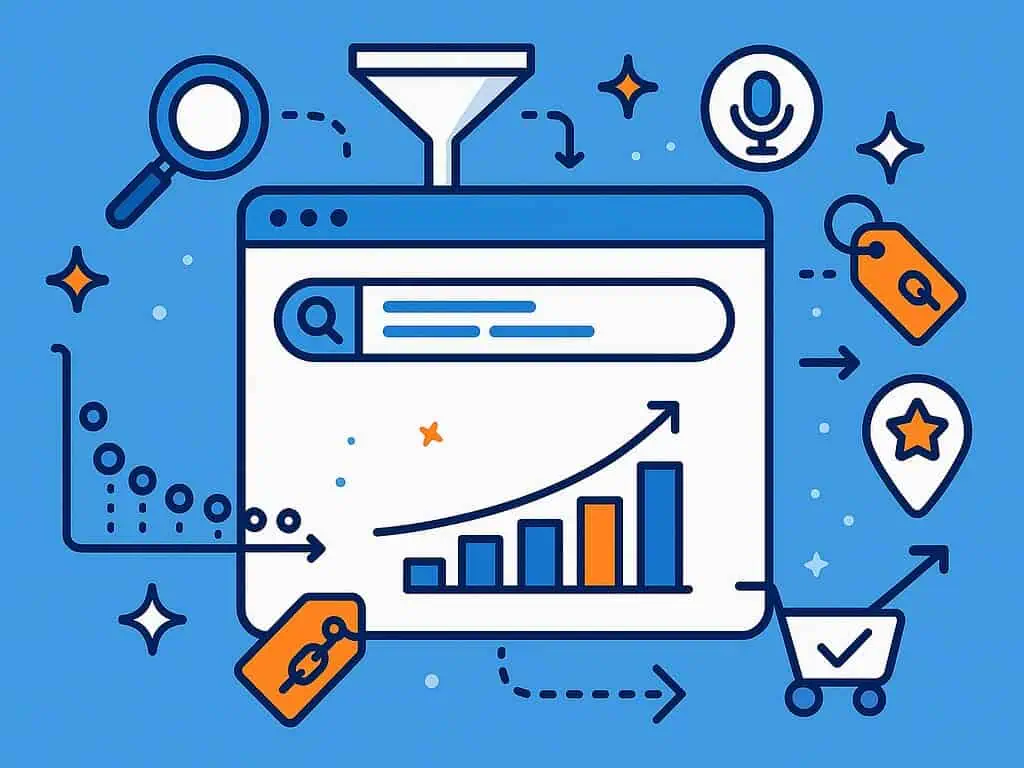 Illustratie van een zoekmachinescherm met een stijgend staafdiagram, vergrootglas, trechter, voice search-pictogram, prijskaartjes, locatiepin, winkelwagentje en pijlen - met de nadruk op digitale marketing, SEO-concepten en de kracht van long-tail zoekwoorden.