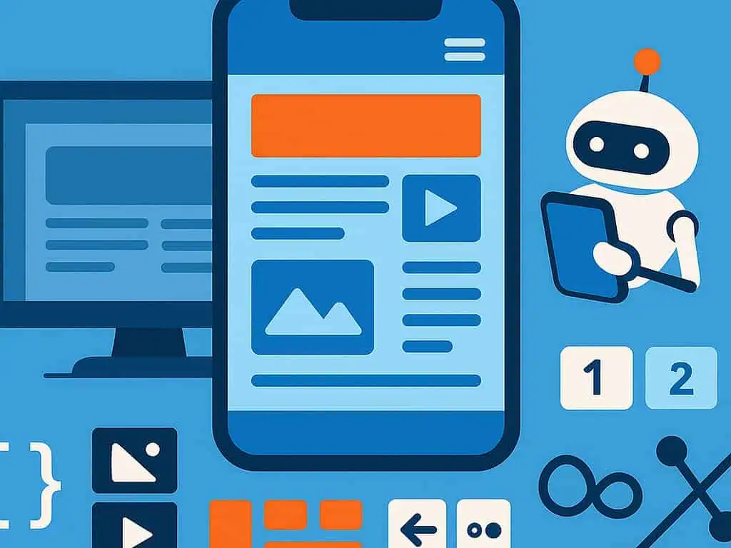 Illustratie van een robot die een tablet vasthoudt, omringd door digitale interfacepictogrammen, een smartphone die een website met Mobile First Indexing weergeeft en een desktopmonitor, allemaal in blauwe en oranje tinten, die technologie en webontwikkeling voorstellen.