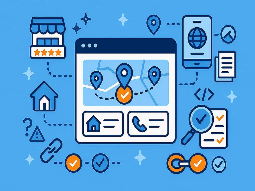 Illustratie van een digitale kaartinterface met locatiepinnen, vinkjes, een winkel, een huis, een telefoon en meer - een weergave van nap seo strategieën bij het zoeken naar lokale bedrijven en online connectiviteit.