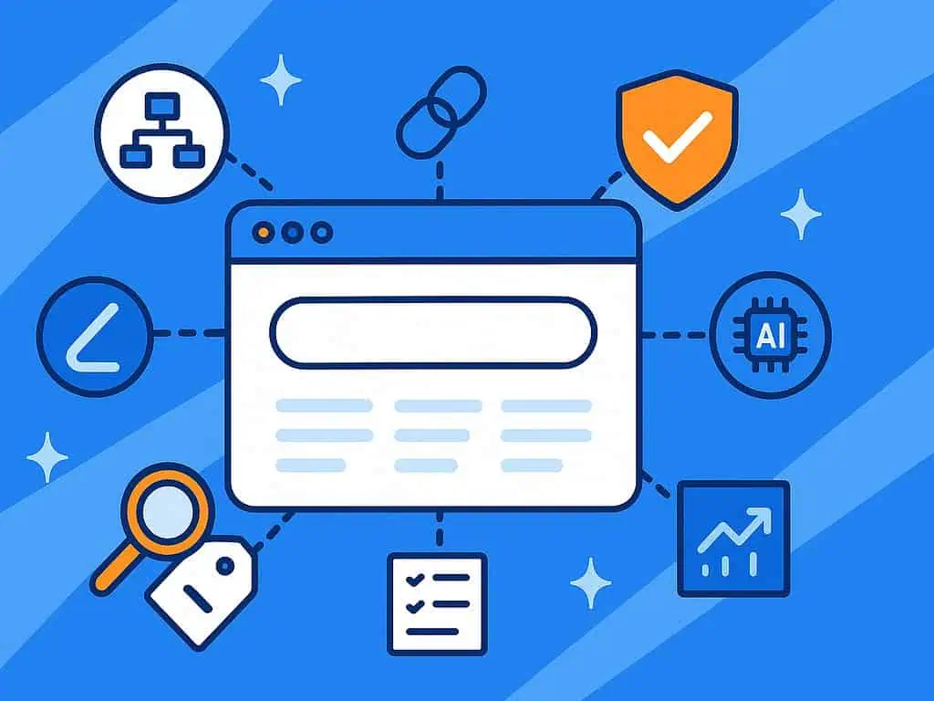 Illustratie van een webbrowservenster omringd door pictogrammen die AI, analytics, pijlerpagina's, flowchart, checklist, schild met vinkje, link, vergrootglas en een prijskaartje voorstellen - allemaal verbonden door stippellijnen op een blauwe achtergrond.