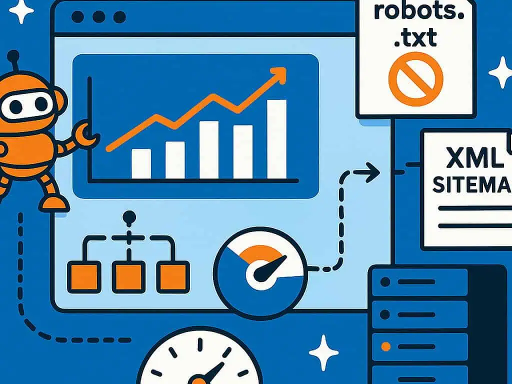 Illustratie met een oranje robot die wijst naar een stijgende grafiek op een scherm, met pictogrammen voor robots.txt, XML sitemap, snelheidsmeters en een server, die websiteoptimalisatie en SEO-concepten voorstellen.