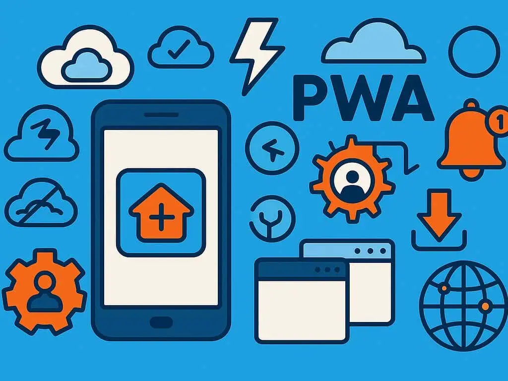 Illustratie van een smartphone omringd door wolken, tandwielen, klokken en browservensters, met "PWA" voor Progressive Web Apps op een blauwe achtergrond.