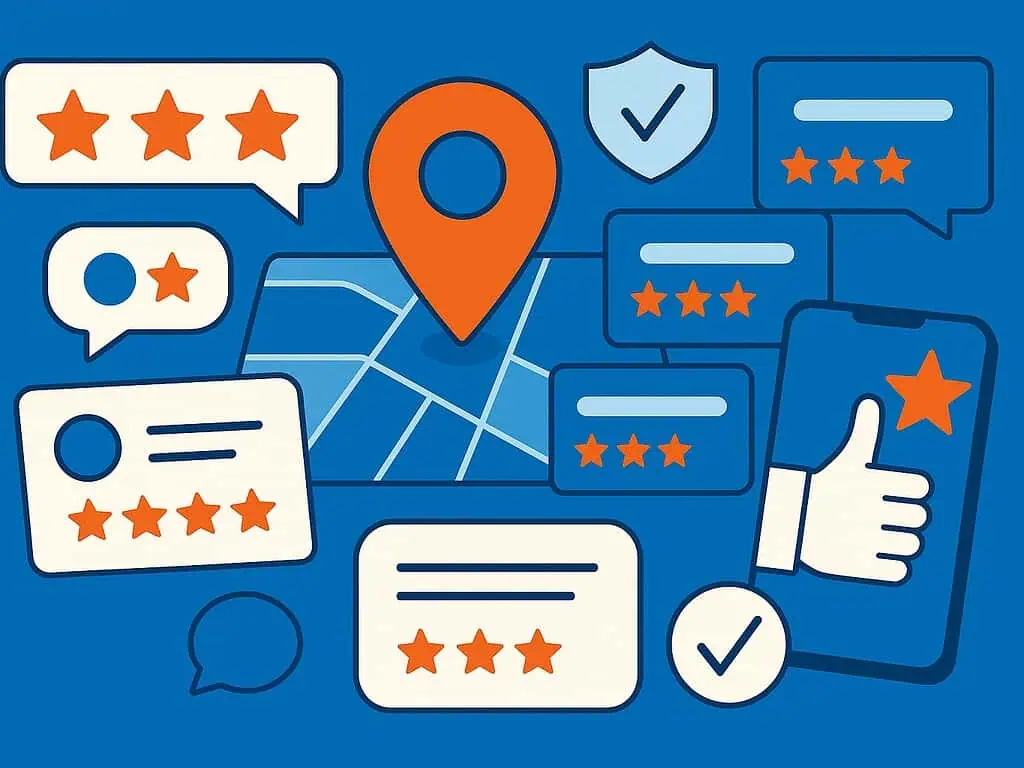Illustratie van een kaart met een locatiepin, omringd door beoordelingspictogrammen, tekstballonnen, vinkjes en een smartphone met een duim omhoog en sterrenwaardering, die online beoordelingen en feedback voorstellen.
