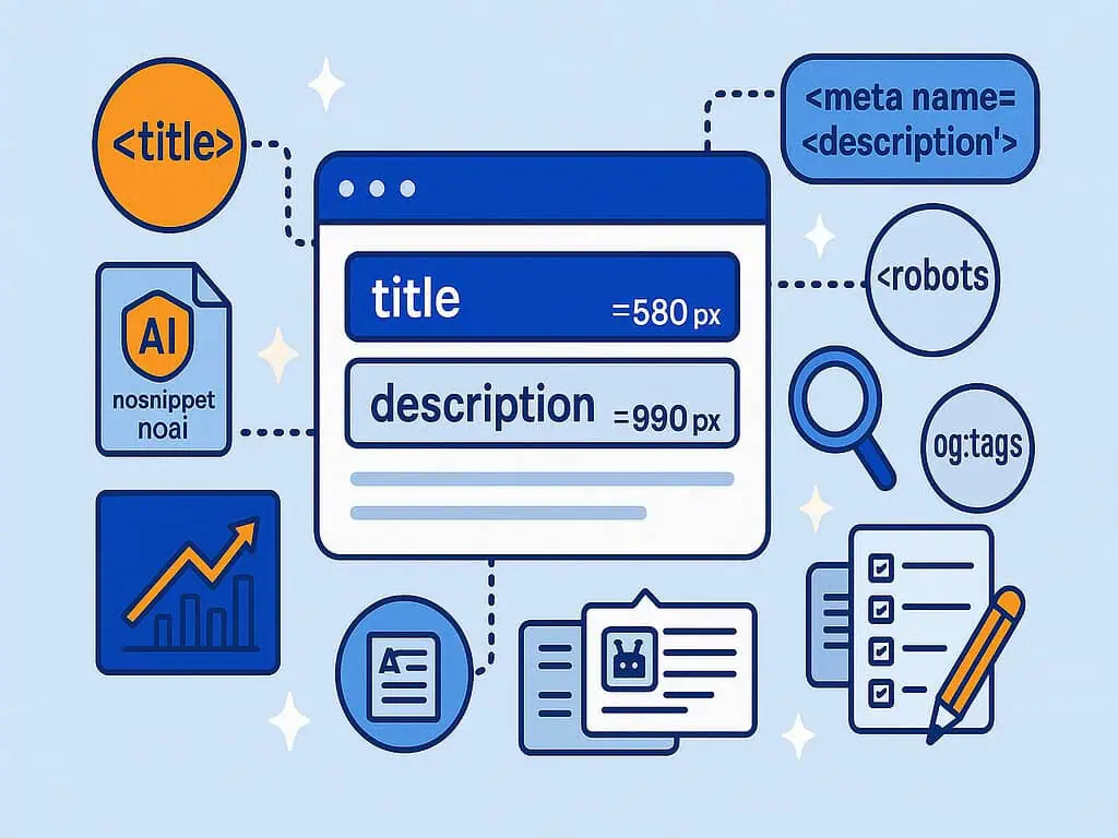 Illustratie met SEO-elementen zoals titel, meta beschrijving, SEO meta tags, og:tags, robots, snippetinstellingen, een grafiek, checklist en zoekpictogram - allemaal gekoppeld aan een centraal browservenster met titel- en beschrijvingsvelden.
