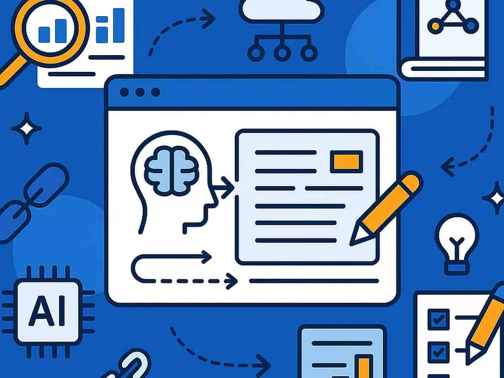 Illustratie voor Gids: SEO-schrijven met AI, met iconen van een brein, grafieken, potlood, computerscherm en AI-chip op een blauwe achtergrond - met de nadruk op kunstmatige intelligentie, gegevensanalyse en het maken van content.