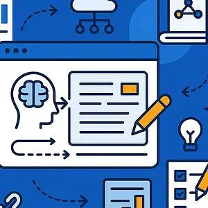 Illustratie voor Gids: SEO-schrijven met AI, met iconen van een brein, grafieken, potlood, computerscherm en AI-chip op een blauwe achtergrond - met de nadruk op kunstmatige intelligentie, gegevensanalyse en het maken van content.