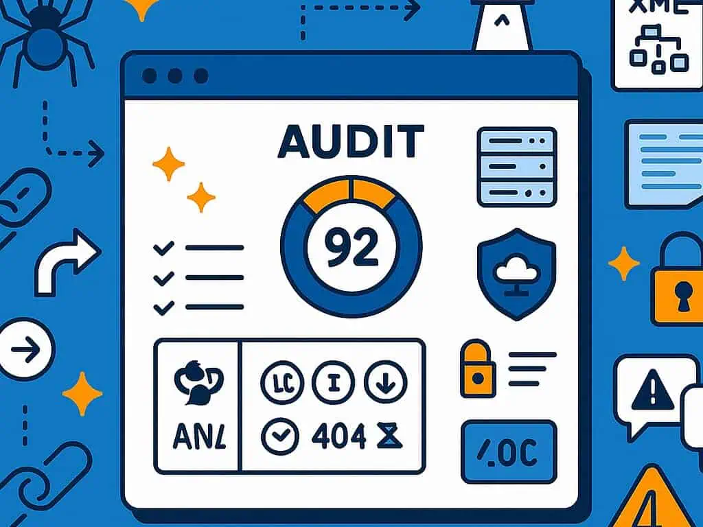 Illustratie van een technisch SEO-rapport audit dashboard met een score van 92, checklists en pictogrammen voor beveiliging, cloud en 404-fouten, omringd door blauwe, oranje en witte symbolen.