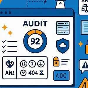 Illustratie van een technisch SEO-rapport audit dashboard met een score van 92, checklists en pictogrammen voor beveiliging, cloud en 404-fouten, omringd door blauwe, oranje en witte symbolen.