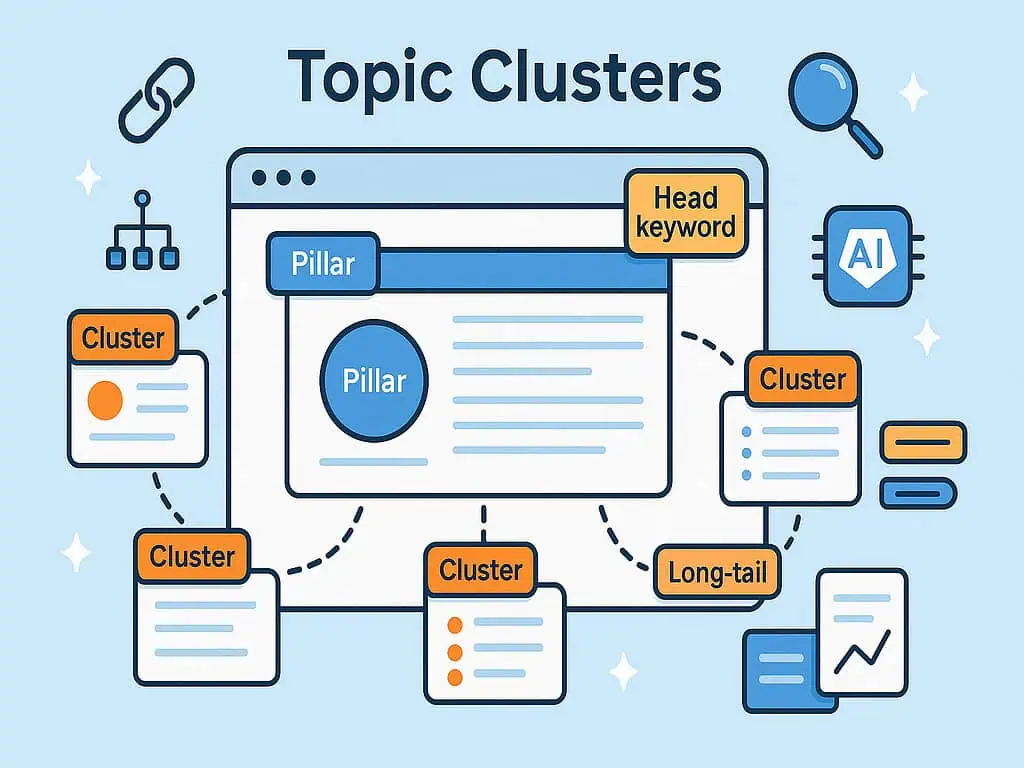 Infographic die onderwerpclusters illustreert met een centrale webpagina met het label Pijler, omringd door verbonden onderwerpclusters, trefwoord, long-tail, grafieken en zoekiconen op een blauwe achtergrond.