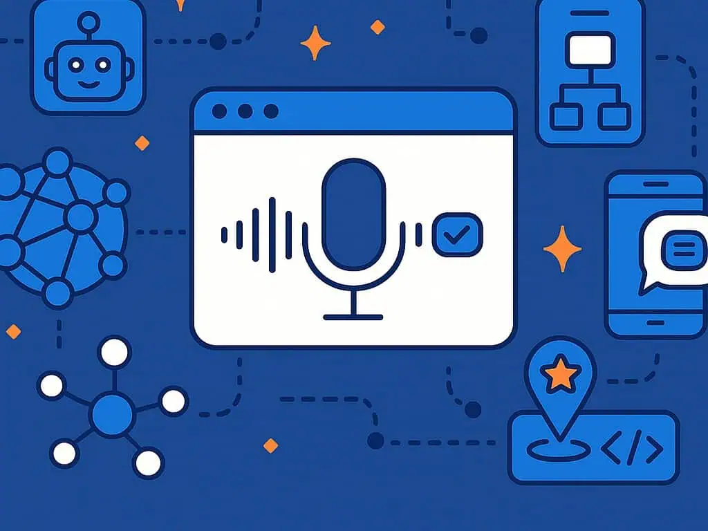 Illustratie van een microfoon in een browservenster, omringd door pictogrammen voor AI, chatbots, spraakgolven, stroomdiagrammen en mobiele communicatie - om te laten zien hoe spraaktechnologie en kunstmatige intelligentie efficiënt onderwerponderzoek en naadloze integratie ondersteunen.