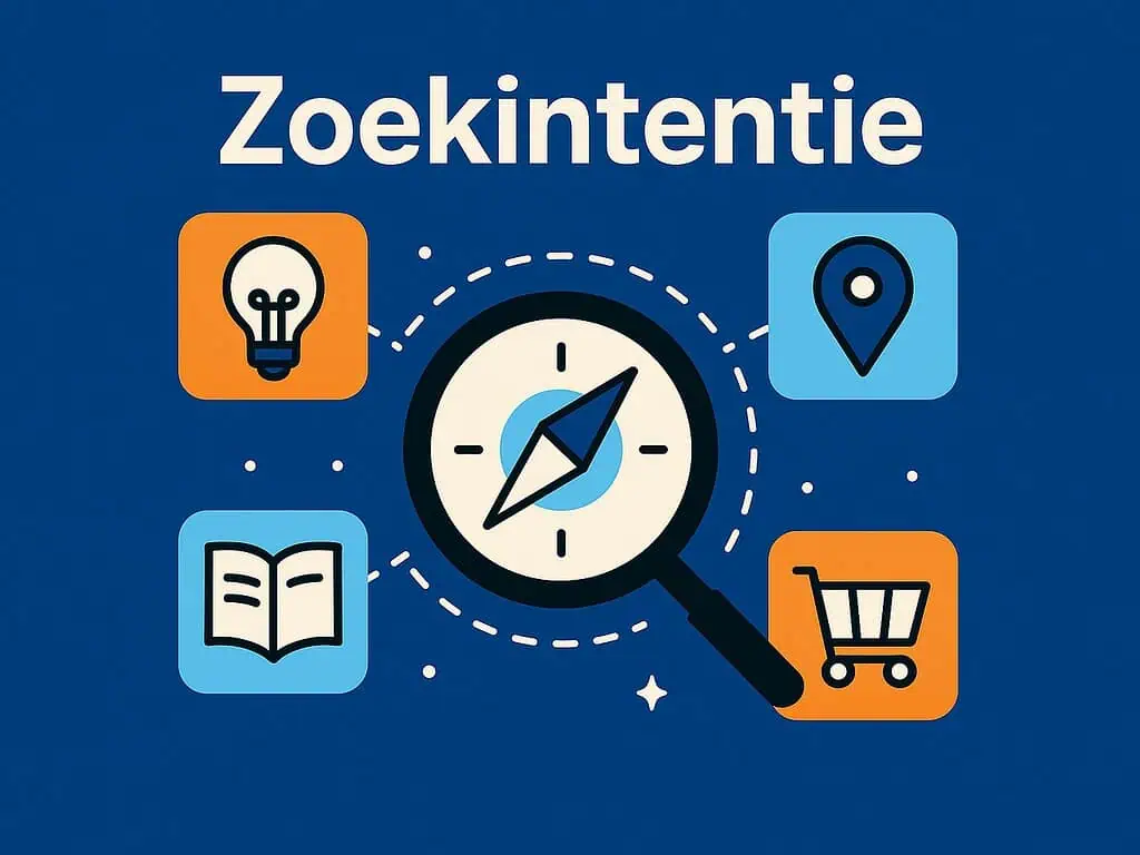 Een vlakke ontwerpafbeelding met het Nederlandse woord Zoekintentie boven een vergrootglas op een kompas, omringd door pictogrammen van een gloeilamp, kaartmarkering, boek en winkelwagentje op een blauwe achtergrond.